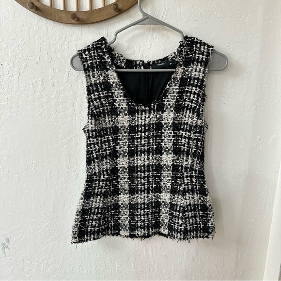 Theory Sculpted Tweed Black Cream White Sleeveless Lined Zip Closure Blouse S - Picture 3 of 8